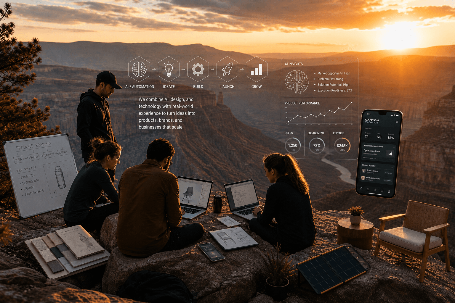 Canyon Works team working together at sunset